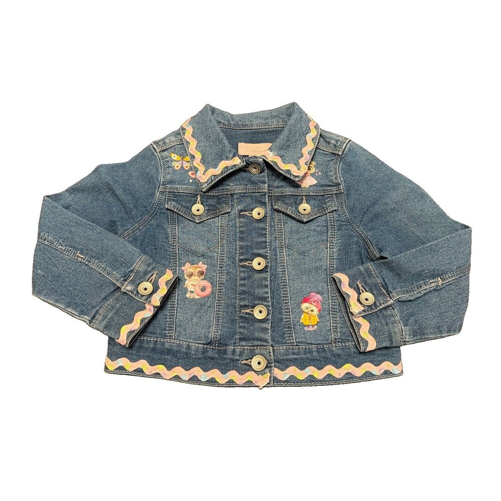 Upcycled Custom Design Squeeze Girl’s Denim Jacket- Sz 4- Pink Trim, Owls, Vinyl